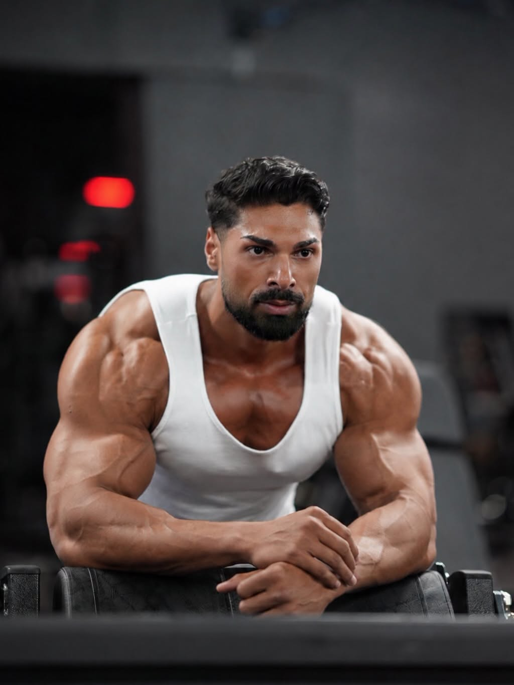 Andrei Deiu close-up in a white tank top at the gym