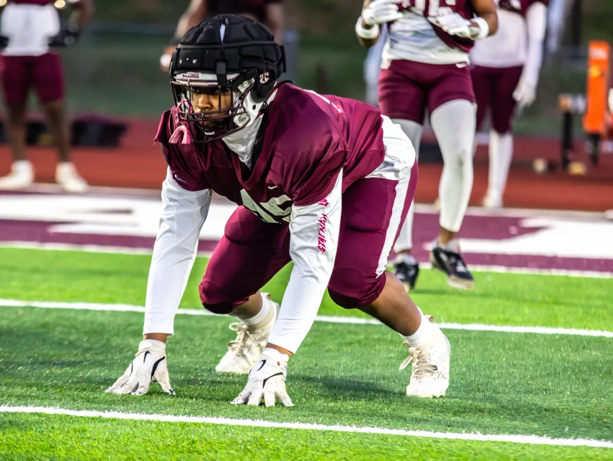 Andre Tibbs Jr in a defensive stance at Alabama A&M practice