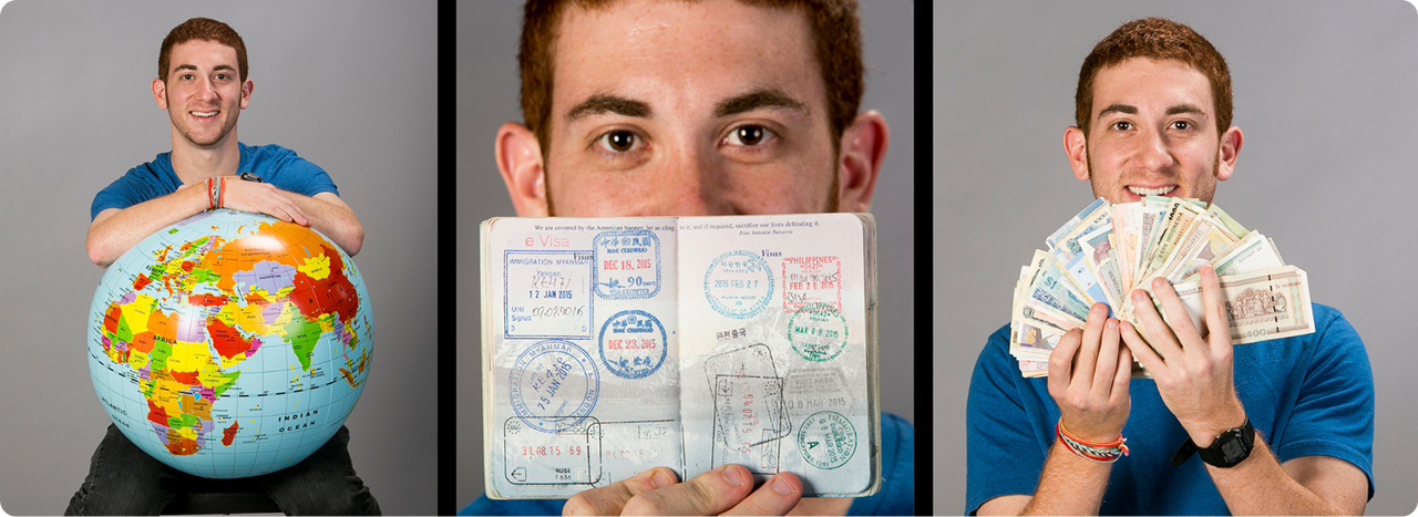 Drew Binsky with a globe, a stamped passport, and currency from around the world