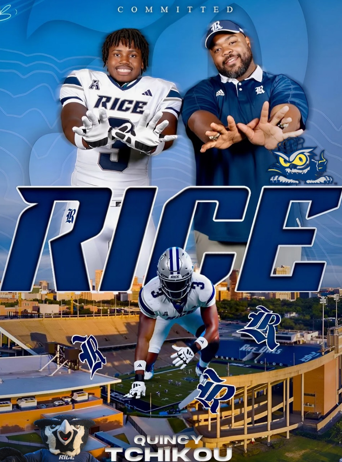 Quincy Tchikou commitment collage with Rice branding, stadium backdrop, and family