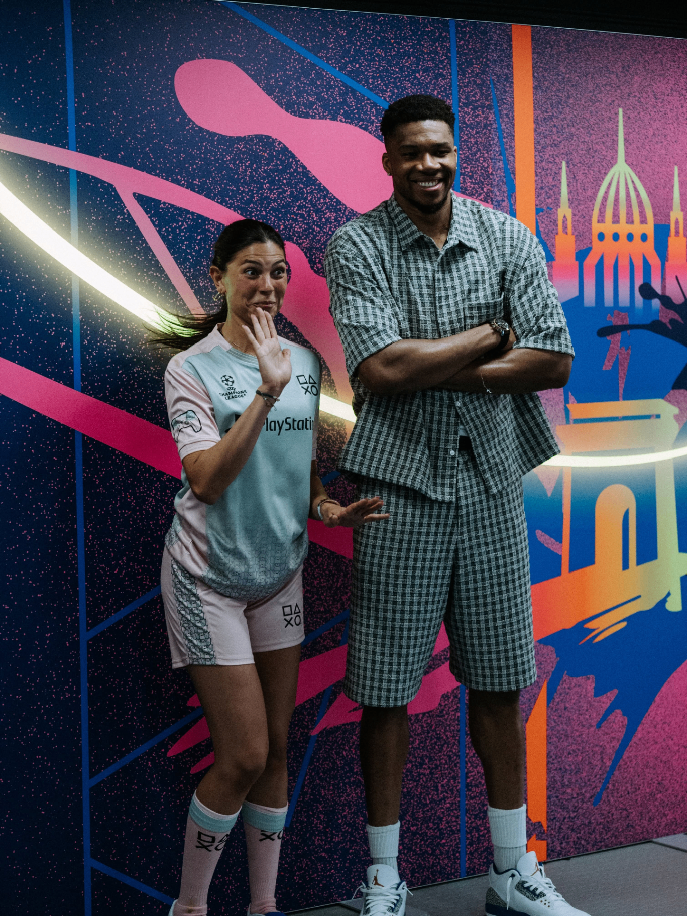 Céline Dept and Giannis Antetokounmpo at a UEFA Champions League PlayStation activation