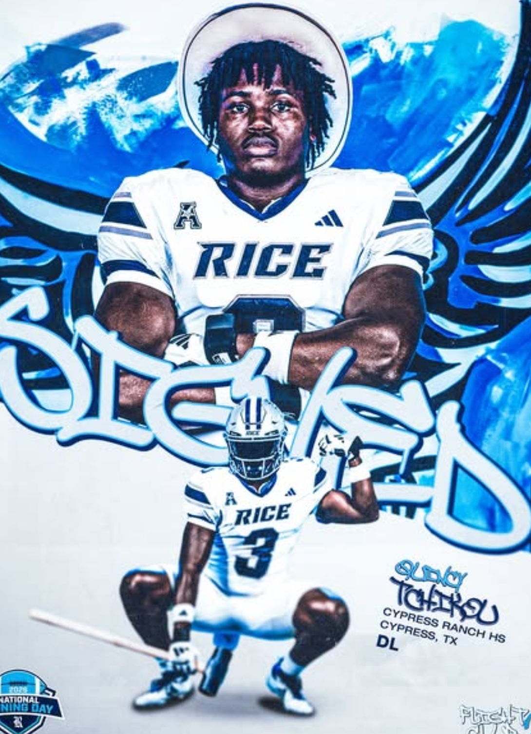 Quincy Tchikou recruiting poster in Rice gear with bold blue illustrated background