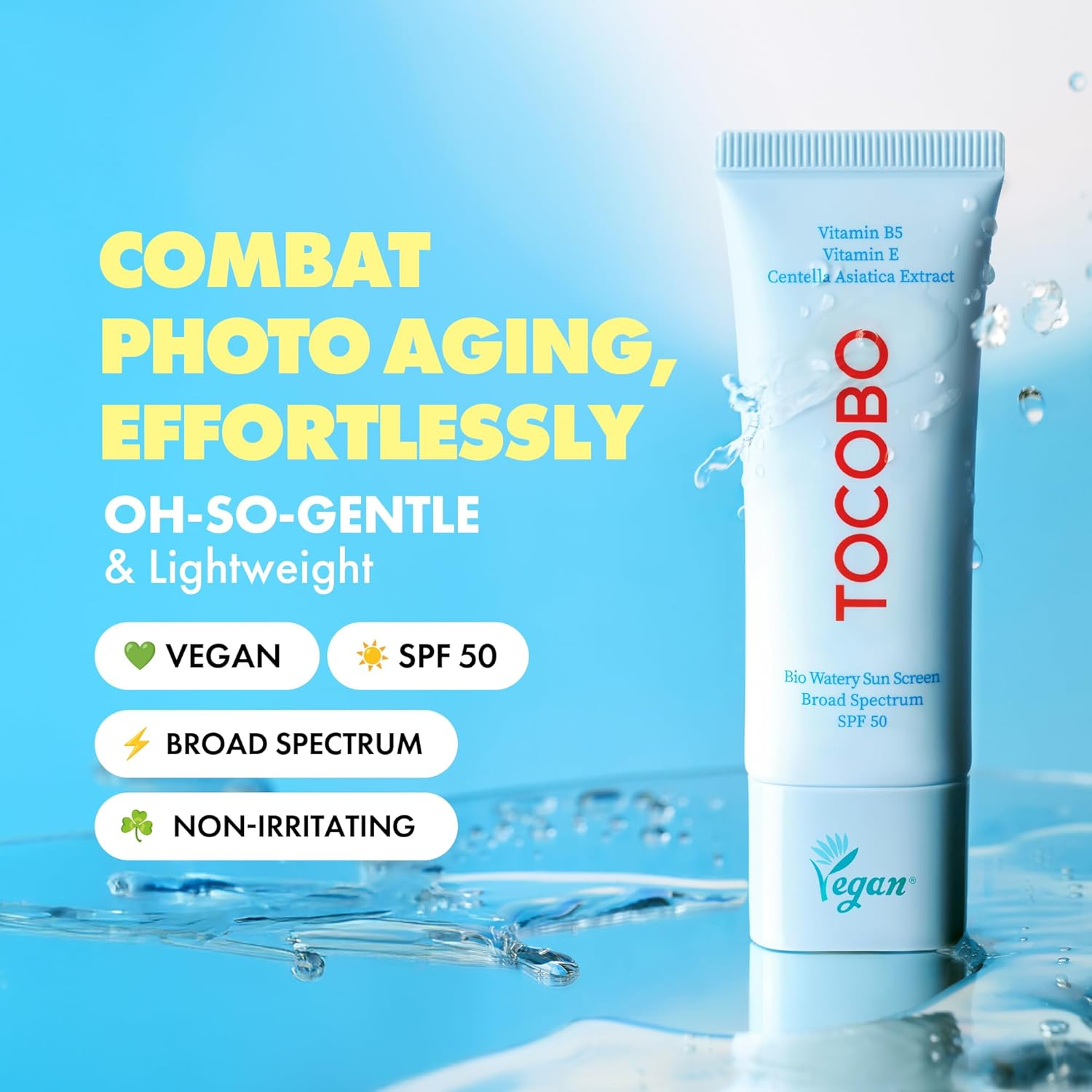 Tocobo Bio Watery Sun Screen SPF 50 tube on a blue watery background