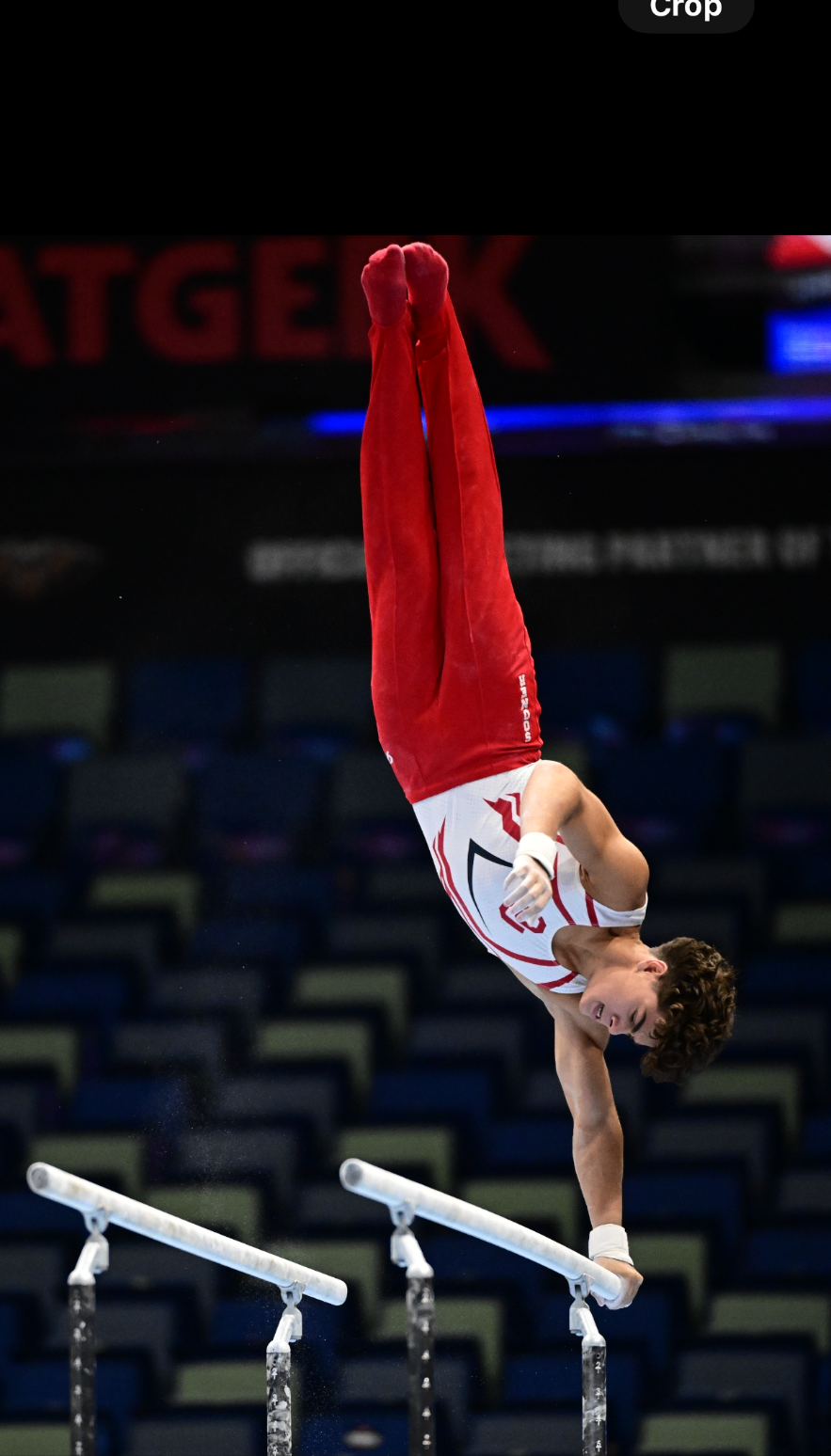 Alex Noel inverted on parallel bars