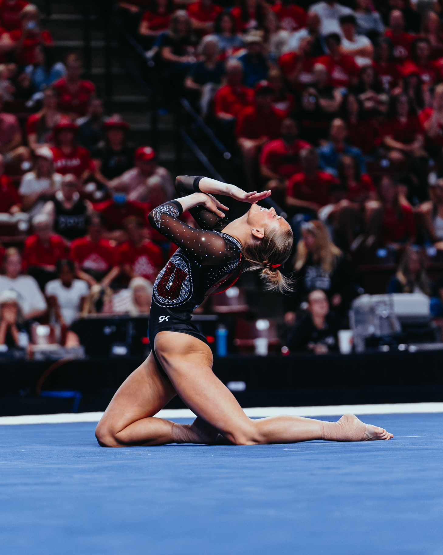 Avery Neff performing floor routine in black Utah leotard