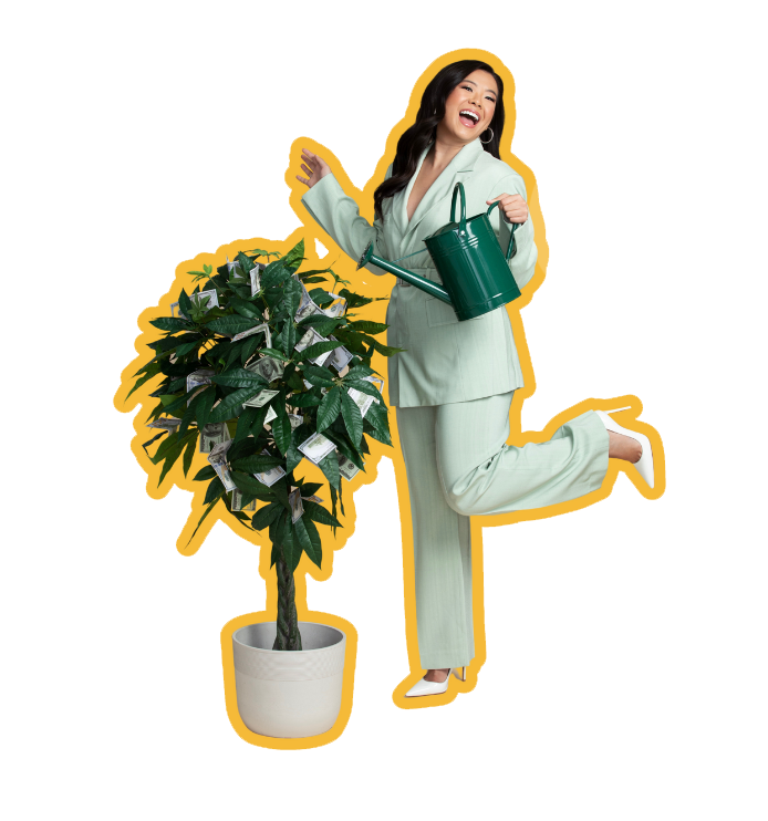 Vivian Tu watering a money tree