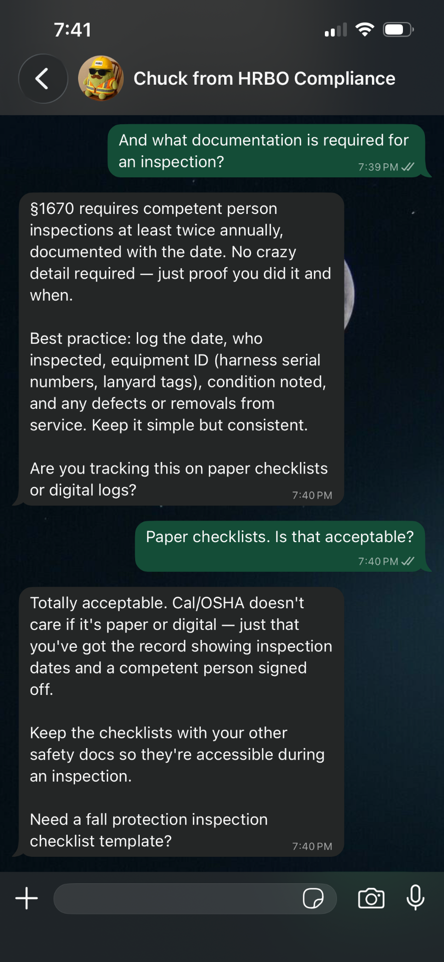 Chuck answering a Cal/OSHA inspection documentation question on WhatsApp